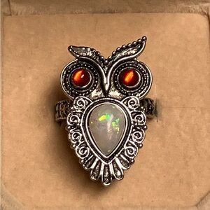 Stamped Sterling Silver Opal Owl Statement Ring